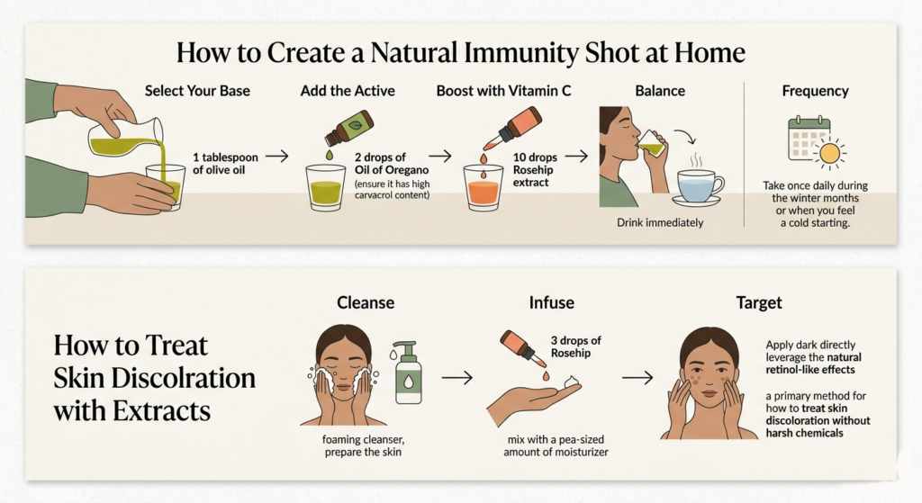 Infographic showing How to Create a Natural Immunity Shot and Treat Skin Discoloration with Extracts.