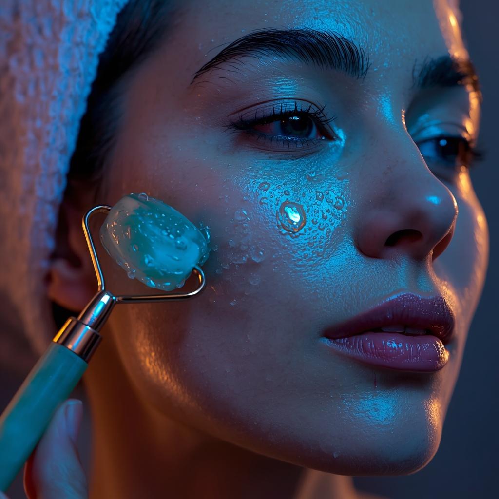 Illustration of ice facial benefits for skin tightening and reducing morning puffiness.