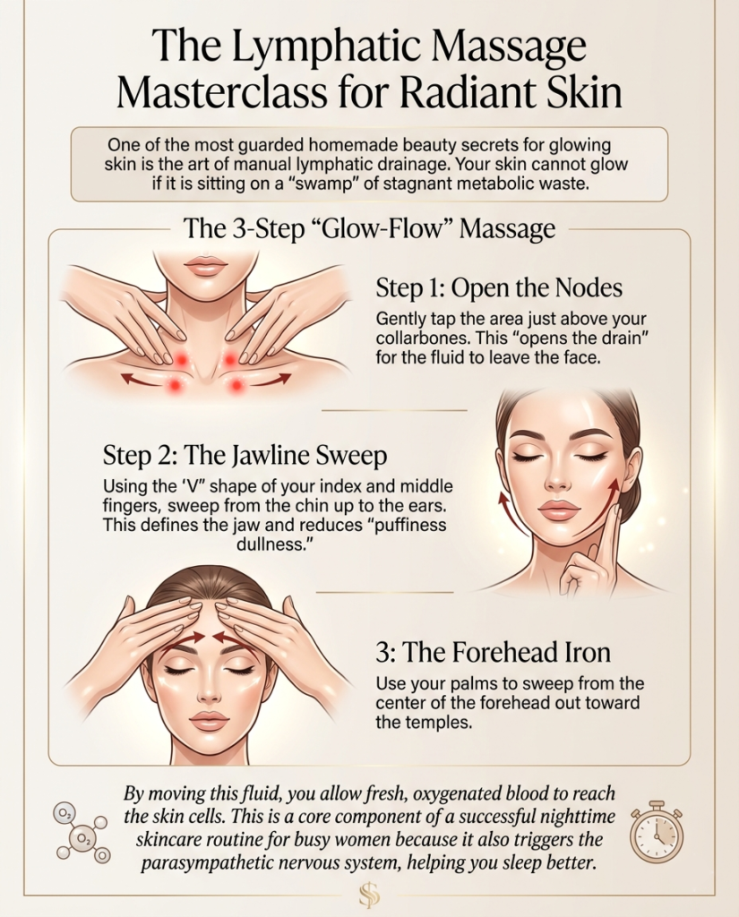 Infographic of facial lymphatic drainage points for radiant skin and detoxification.