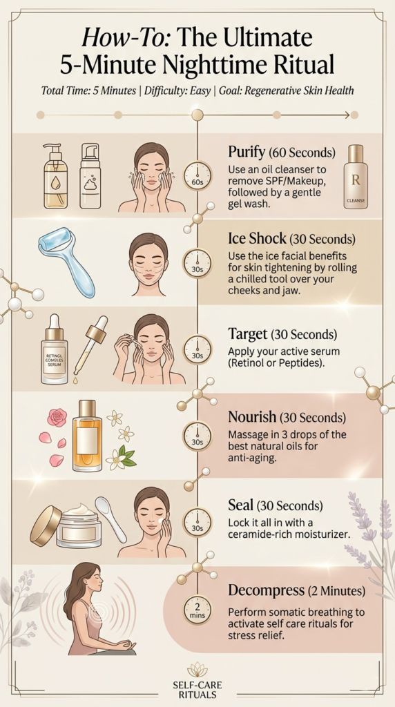 5-minute Nighttime Skincare Routine for Busy Women infographic summary.