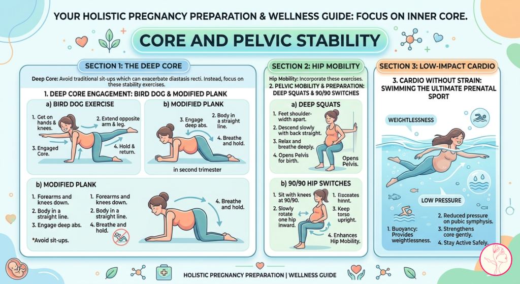 Core and pelvic stability exercises for the Holistic Pregnancy Preparation and Wellness Guide.
