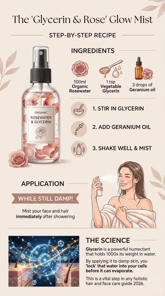 DIY recipe infographic for the Glycerin and Rose glow mist for a natural dry skin and hair care routine.