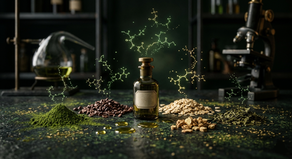 High polyphenol cacao powder and green tea for anti aging skincare remedies.