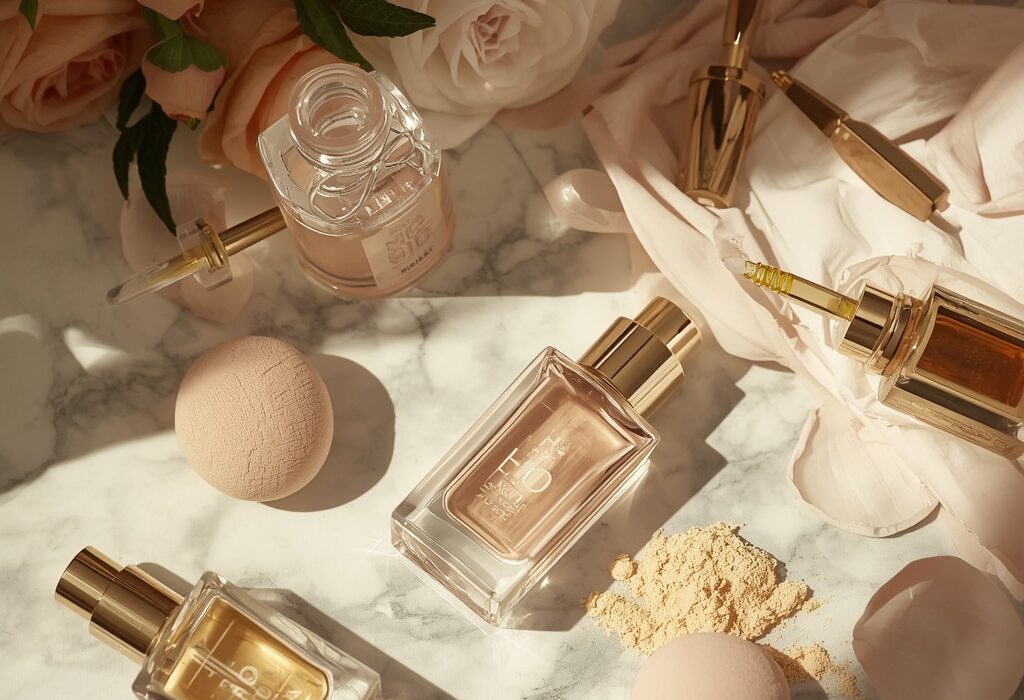 Flawless base makeup and perfume guide with luxury organic cosmetics and fragrances.