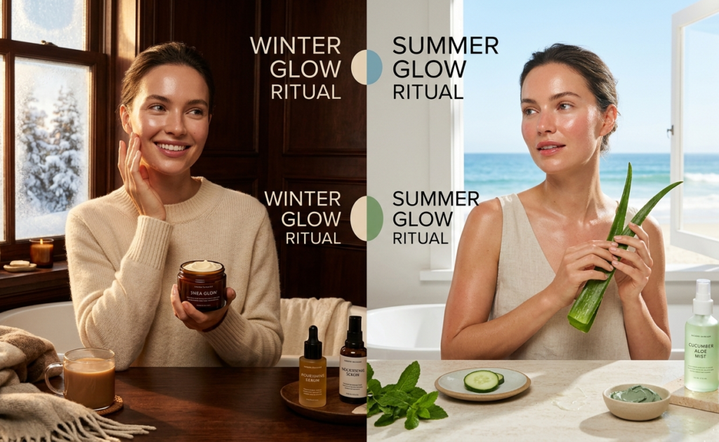 Comparison of winter vs summer skincare as part of homemade beauty secrets for glowing skin.