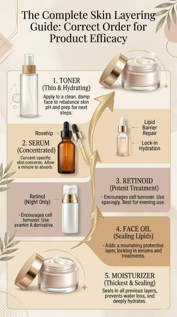 Skincare product layering guide for a Nighttime Skincare Routine for Busy Women.