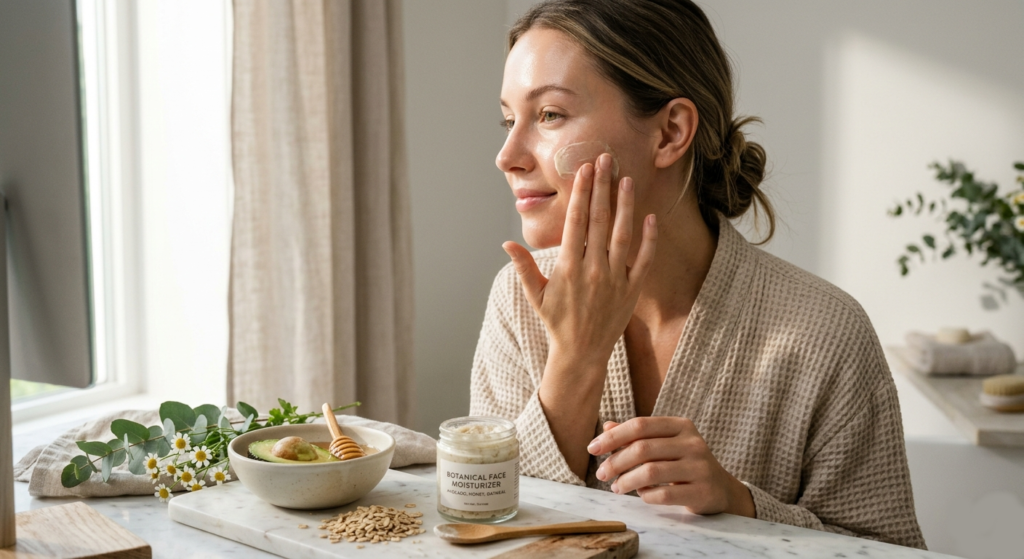 Applying botanical oils as part of an ultimate dry skin face care routine for deep hydration.