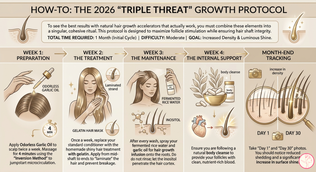 Step-by-step guide to the Triple Threat Hair Growth Protocol using garlic oil, gelatin, and rice water.