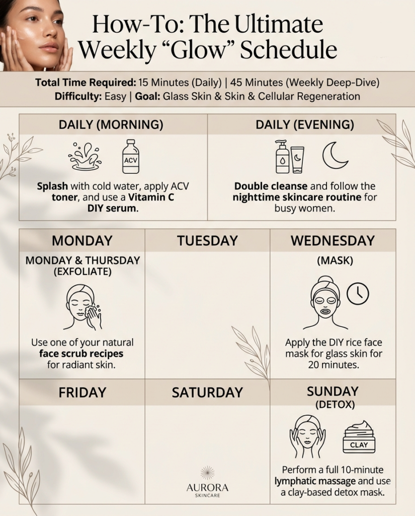 A calendar checklist showing how to get glowing skin naturally at home weekly plan.