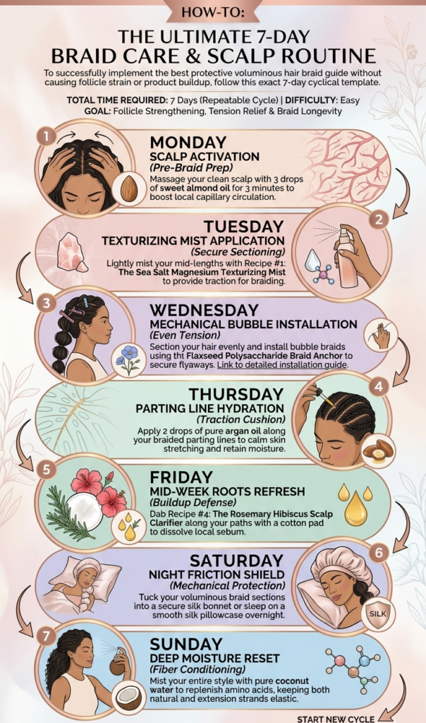 7-Day Braid Care and Scalp Routine chart with protective voluminous hair braid guide steps.