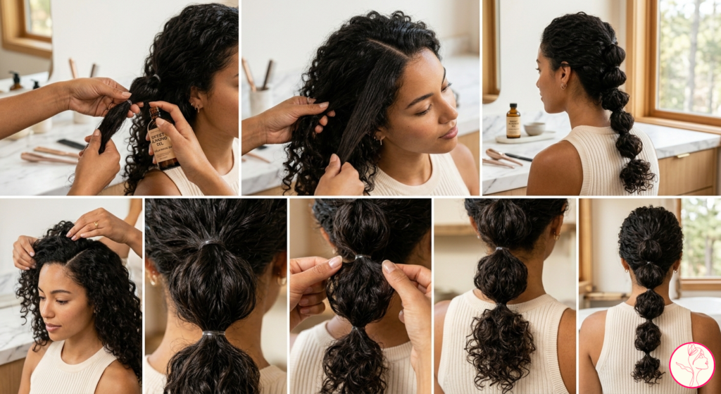 Step by step volume expansion using easy bubble braid tutorial for long hair.