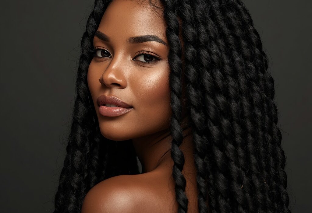 Protective voluminous hair braid guide showcasing luxury organic styling tools and thick braids.