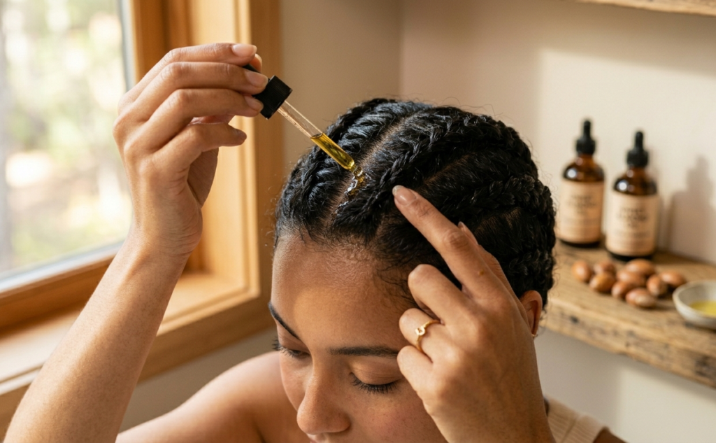 Calming mechanical traction using argan oil along braided parting tracks.