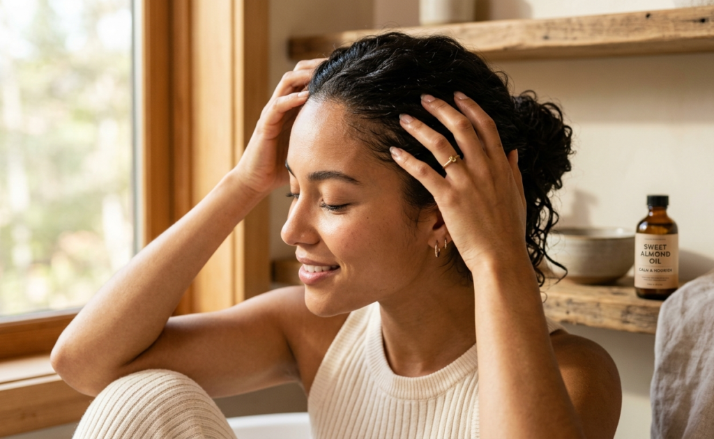 Manual scalp massage for follicle activation before protective styling.